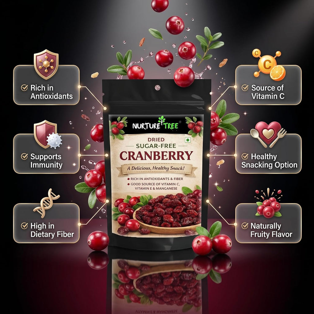 Nurture Tree Dried Sugar-Free Cranberries 200g | Rich in Antioxidants & Fiber | Natural Energy Booster & Immune Support | Healthy Snack for Breakfast, Diet & Fitness