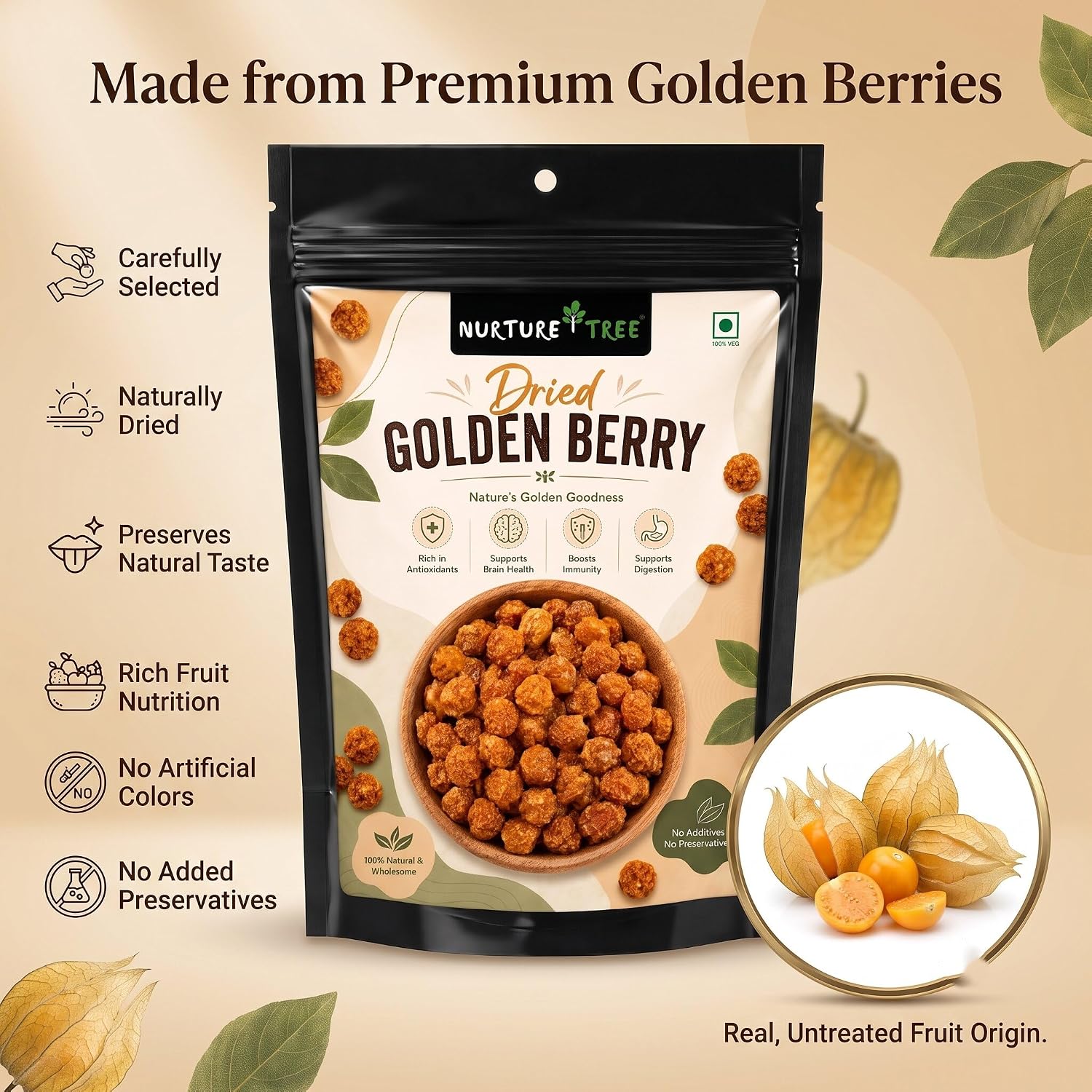 Nurture Tree Dried Golden Berry 100g | Premium Quality Sun-Dried Superfood | 100% Natural | No Additives | Rich in Dietary Fiber, Antioxidants & Essential Nutrients | Healthy Anytime Snack