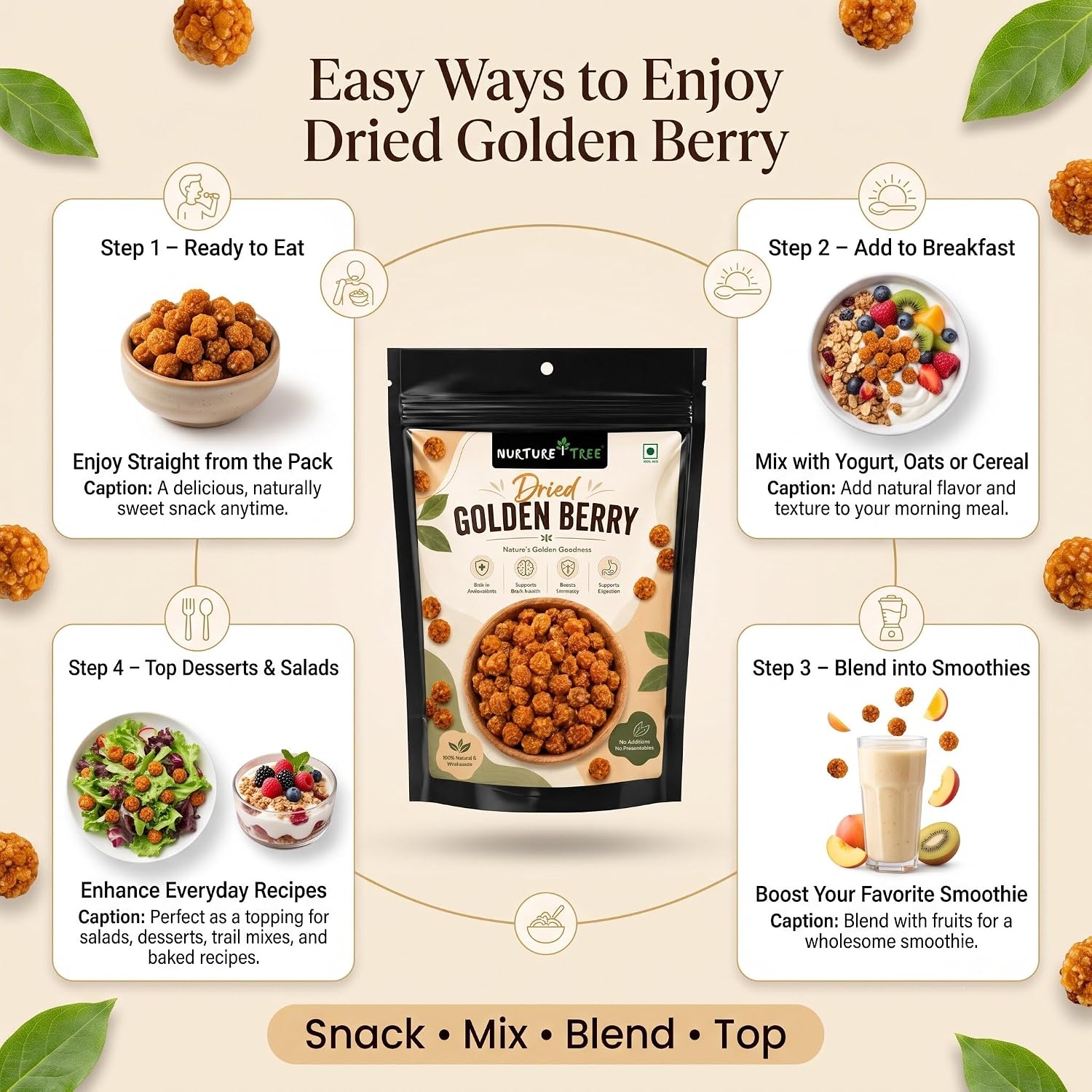 Nurture Tree Dried Golden Berry 100g | Premium Quality Sun-Dried Superfood | 100% Natural | No Additives | Rich in Dietary Fiber, Antioxidants & Essential Nutrients | Healthy Anytime Snack