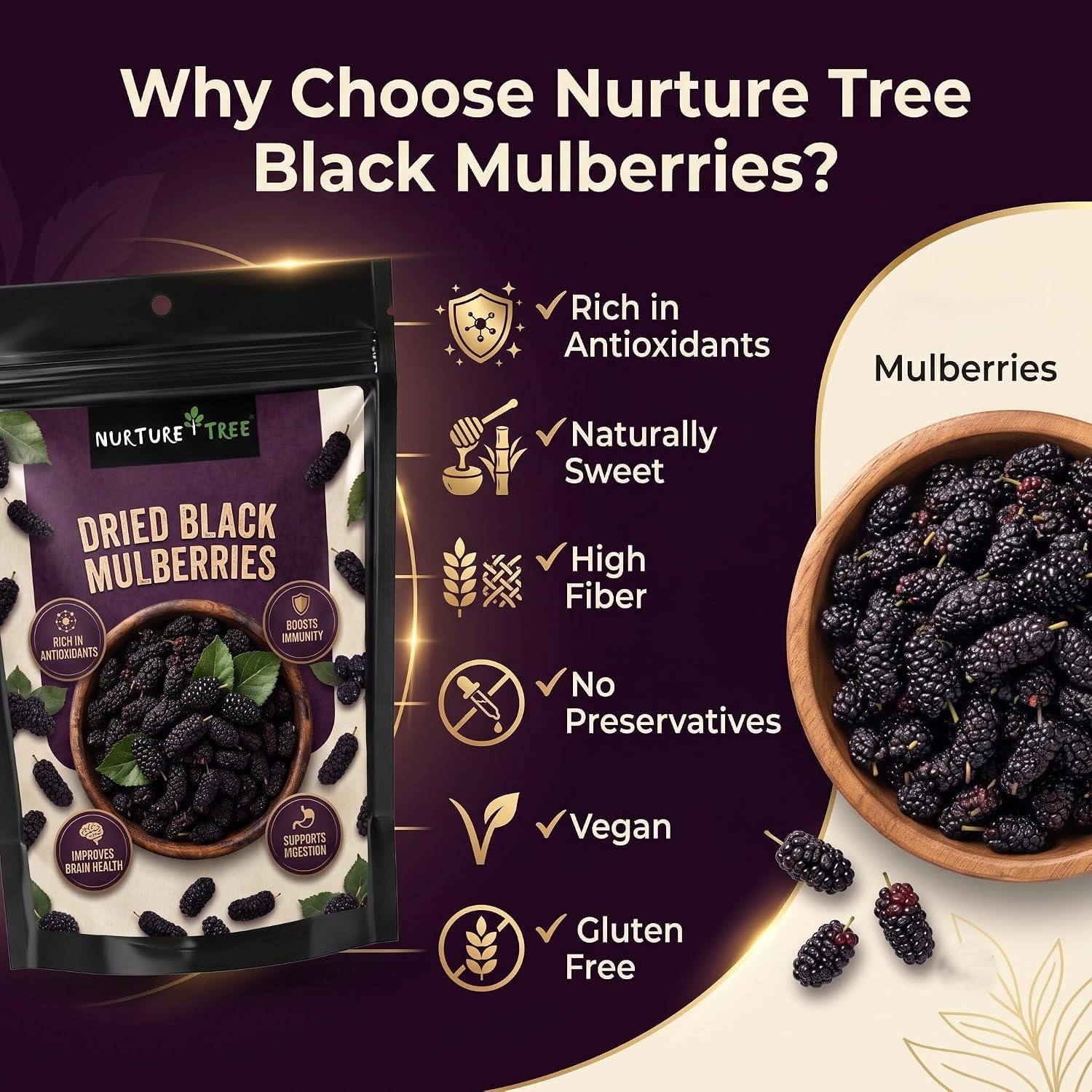 Nurture Tree Dried Black Mulberries | 100% Natural | Vegan & Gluten-Free Superfood | No Added Sugar | Rich in Fiber & Antioxidants | Healthy Snack (50gm)