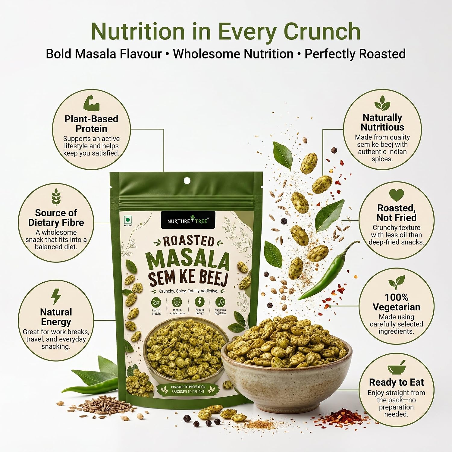 Nurture Tree Roasted Masala Sem Ke Beej 100g | Delicious Spicy Roasted Broad Beans | Crunchy Indian Namkeen | Ready to Eat | High Protein & Fiber | Perfect Snack for Home, Office & Travel