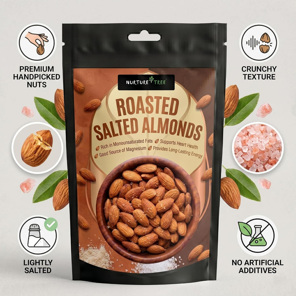 NURTURE TREE Premium Roasted & Salted Almonds Badam 400gm, Crunchy & Fresh Badam, Healthy Dry Fruits for Snacking and Cooking, Rich Source of Protein and Energy