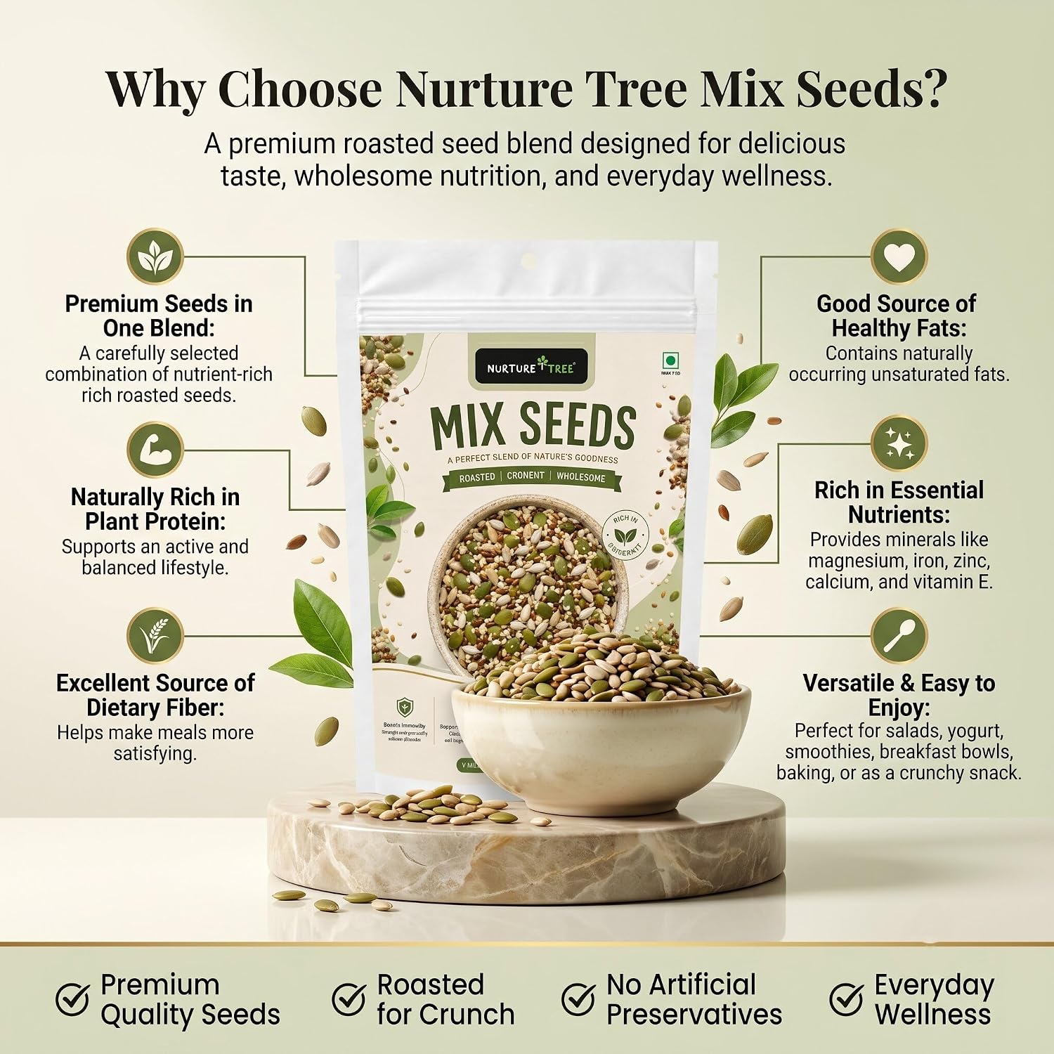 Nurture Tree Mix Seeds 100g | 4-in-1 Roasted Crunchy Seed Blend | Sunflower, Flax, Chia, Pumpkin Seeds | 100% Natural | High Protein & Fiber | No Preservatives | Healthy Snack