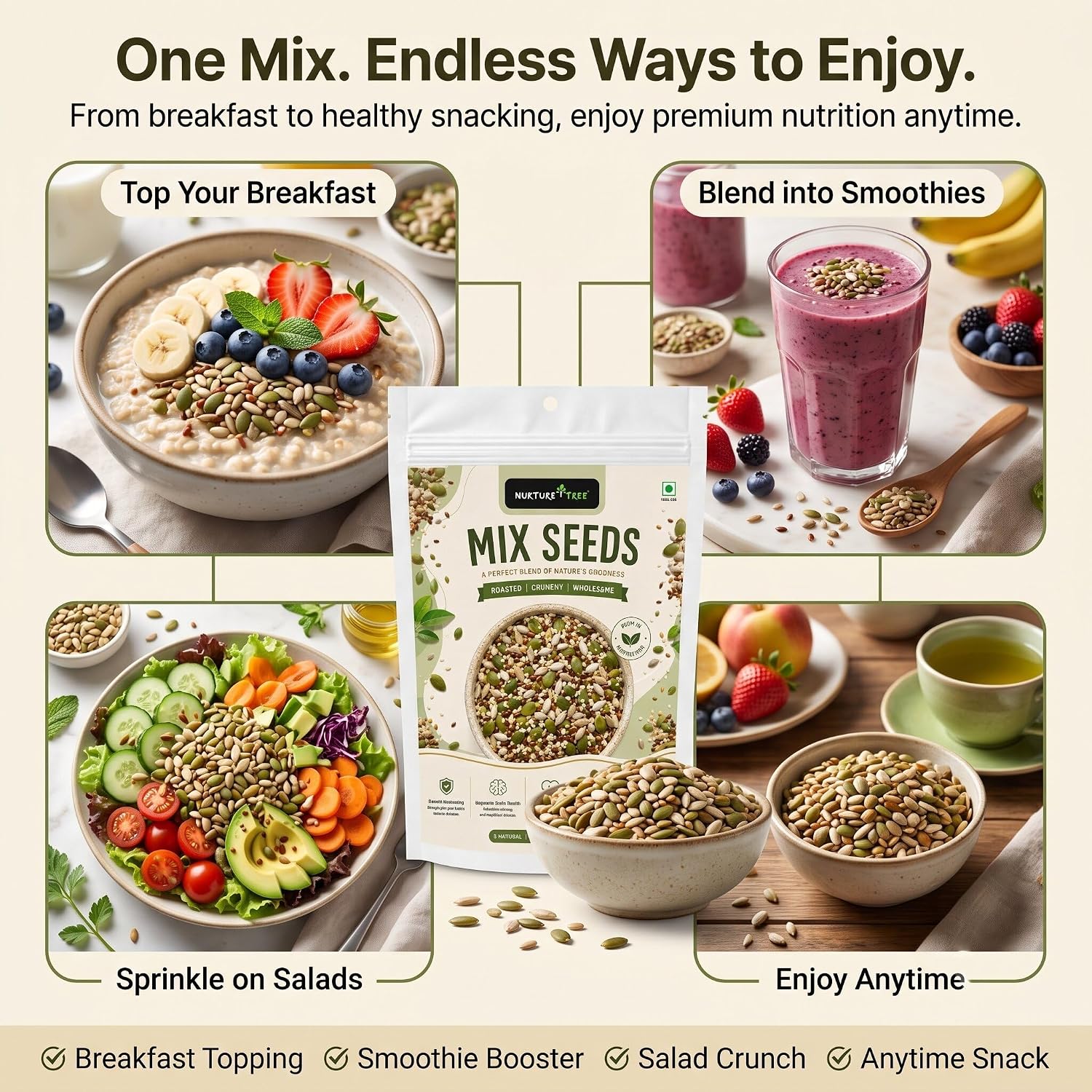 Nurture Tree Mix Seeds 100g | 4-in-1 Roasted Crunchy Seed Blend | Sunflower, Flax, Chia, Pumpkin Seeds | 100% Natural | High Protein & Fiber | No Preservatives | Healthy Snack