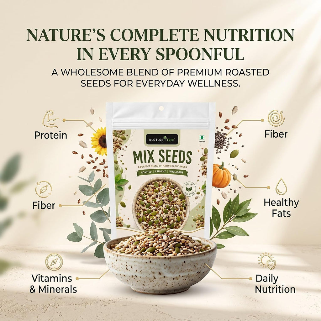 Nurture Tree Mix Seeds 100g | 4-in-1 Roasted Crunchy Seed Blend | Sunflower, Flax, Chia, Pumpkin Seeds | 100% Natural | High Protein & Fiber | No Preservatives | Healthy Snack