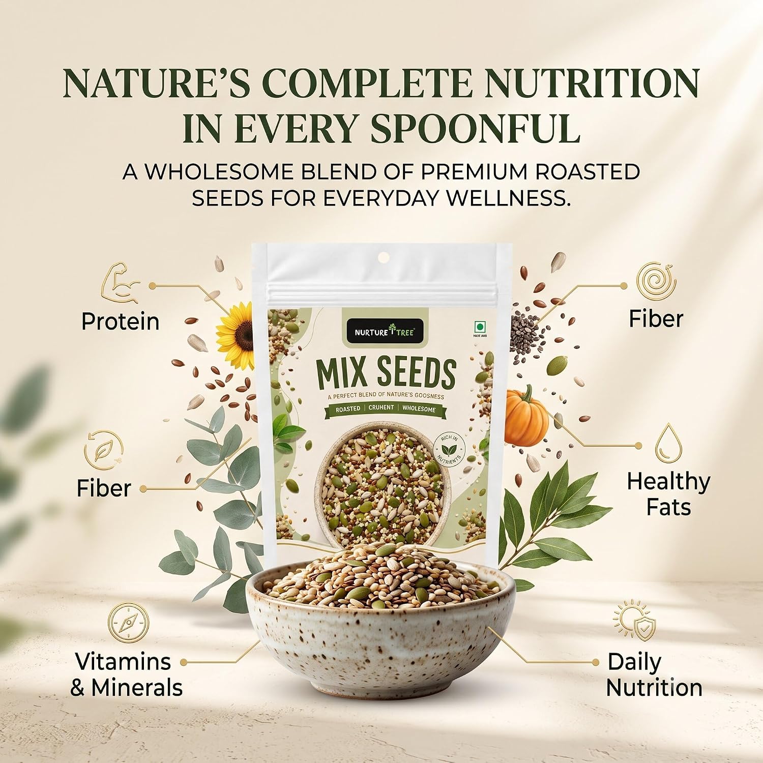 Nurture Tree Mix Seeds 100g | 4-in-1 Roasted Crunchy Seed Blend | Sunflower, Flax, Chia, Pumpkin Seeds | 100% Natural | High Protein & Fiber | No Preservatives | Healthy Snack