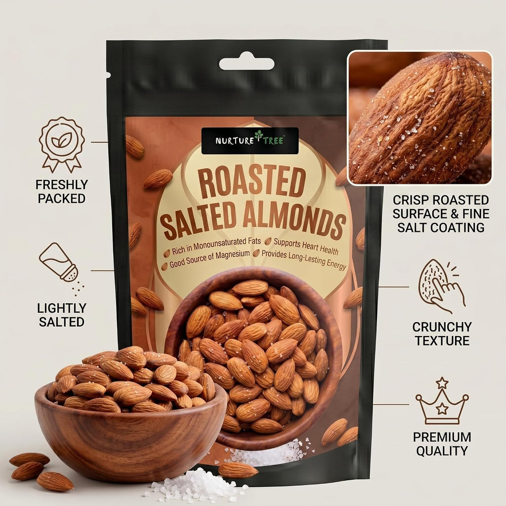 NURTURE TREE Premium Roasted & Salted Almonds Badam 400gm, Crunchy & Fresh Badam, Healthy Dry Fruits for Snacking and Cooking, Rich Source of Protein and Energy