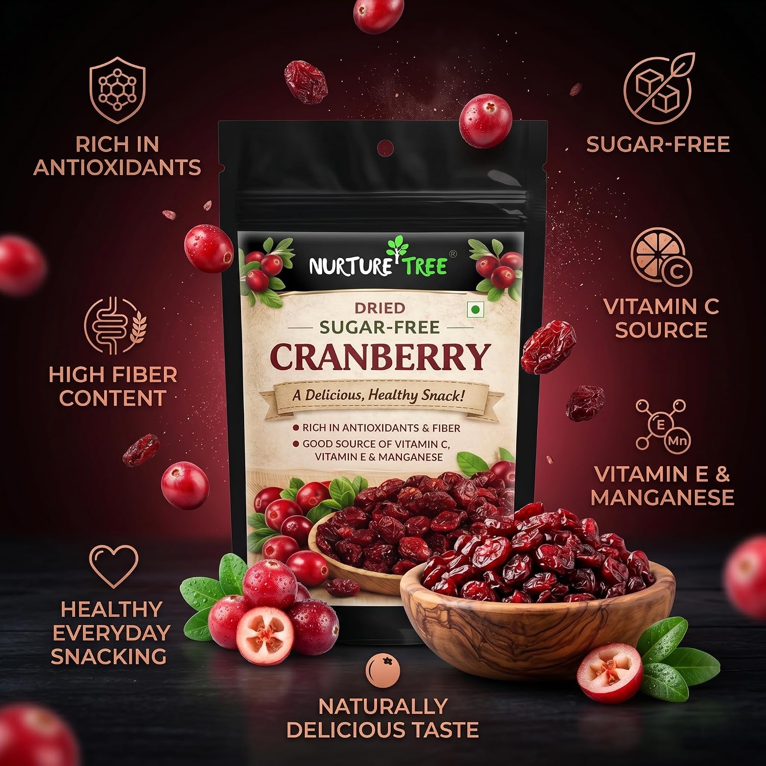Nurture Tree Dried Sugar-Free Cranberries 200g | Rich in Antioxidants & Fiber | Natural Energy Booster & Immune Support | Healthy Snack for Breakfast, Diet & Fitness