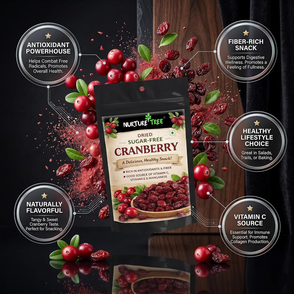 Nurture Tree Dried Sugar-Free Cranberries 200g | Rich in Antioxidants & Fiber | Natural Energy Booster & Immune Support | Healthy Snack for Breakfast, Diet & Fitness