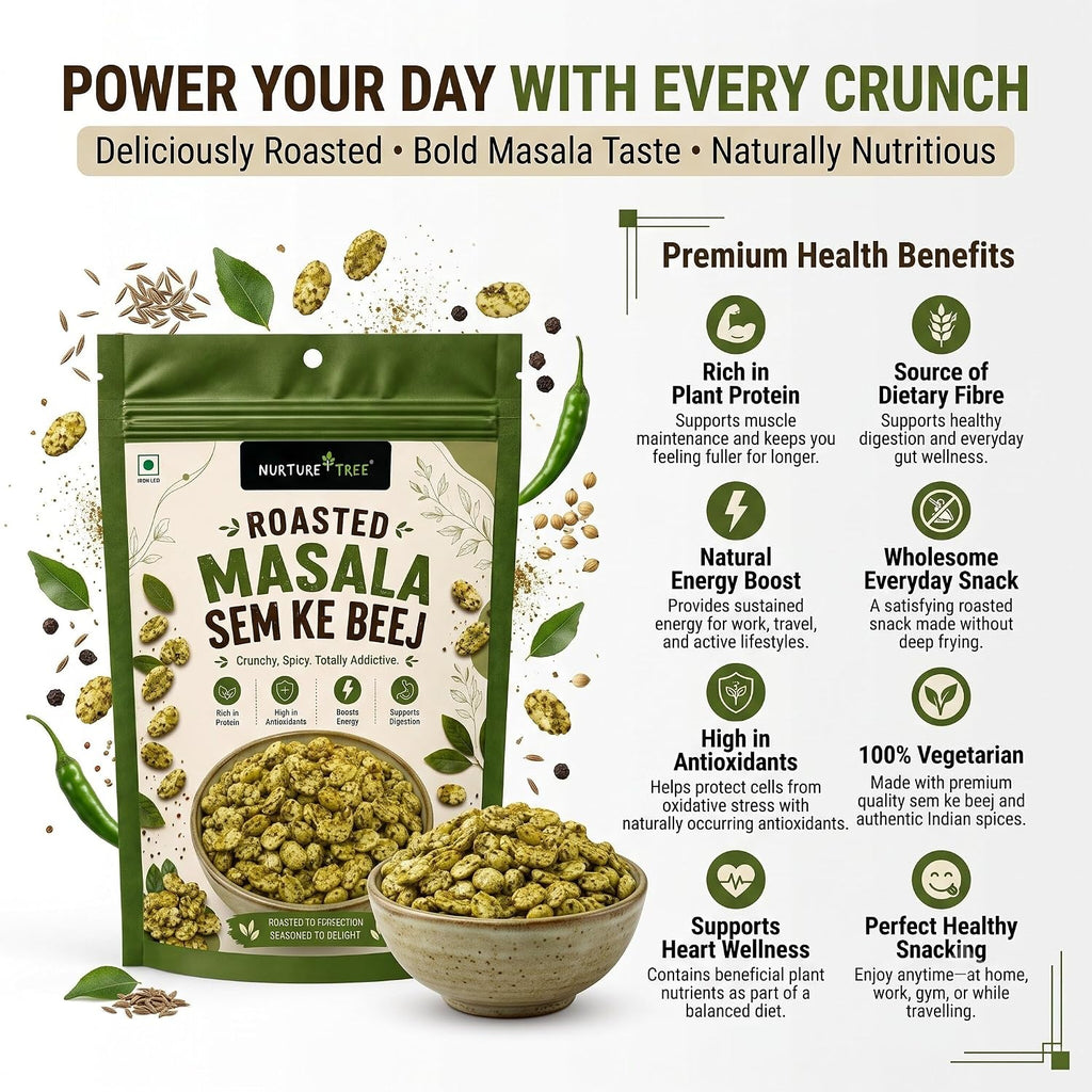 Nurture Tree Roasted Masala Sem Ke Beej 100g | Delicious Spicy Roasted Broad Beans | Crunchy Indian Namkeen | Ready to Eat | High Protein & Fiber | Perfect Snack for Home, Office & Travel