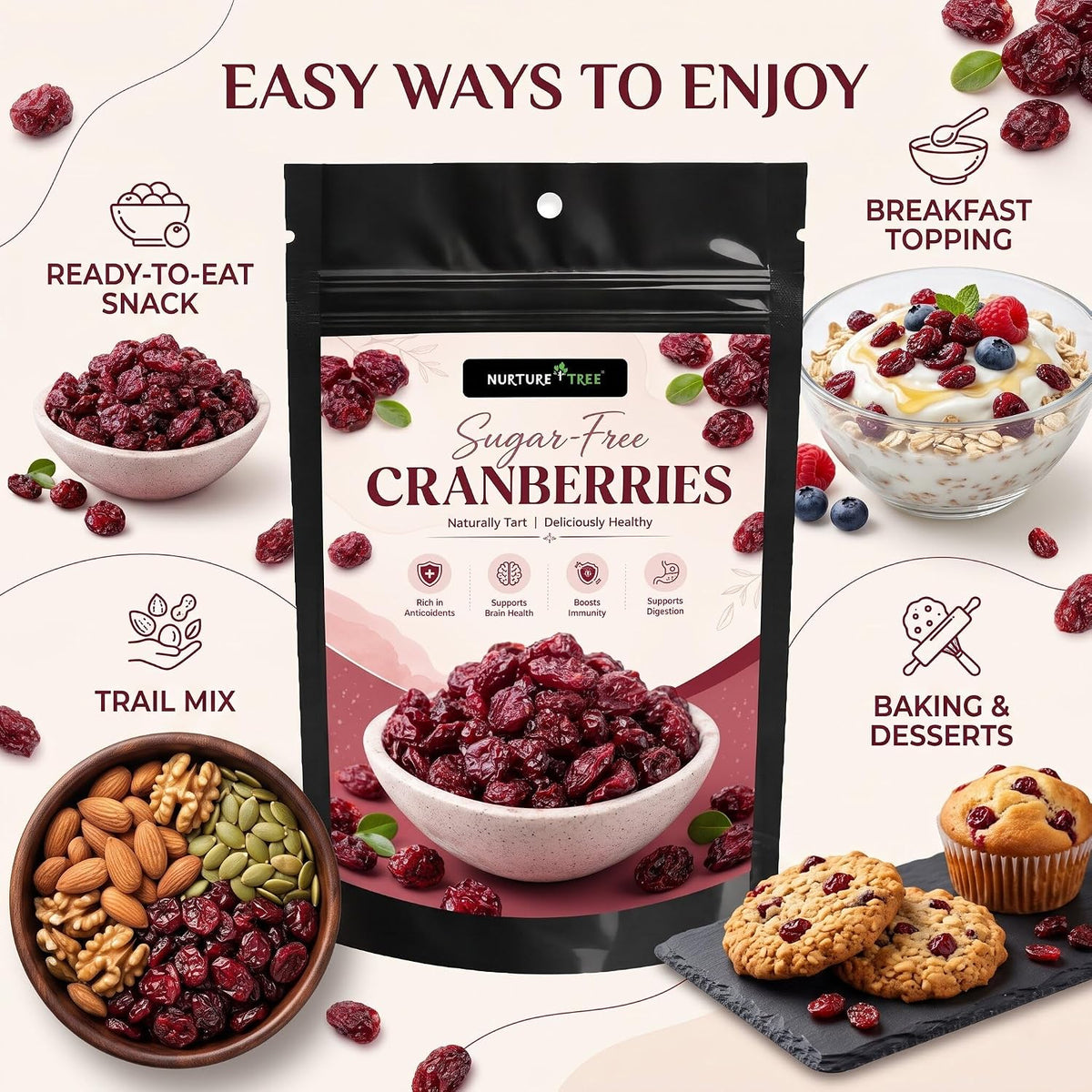 Nurture Tree Sugar-Free Dried Cranberries | Antioxidant-Rich Healthy Snack