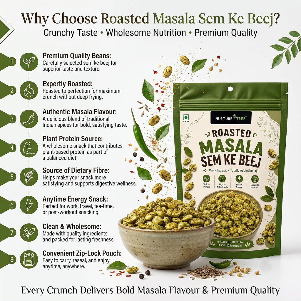 Nurture Tree Roasted Masala Sem Ke Beej 100g | Delicious Spicy Roasted Broad Beans | Crunchy Indian Namkeen | Ready to Eat | High Protein & Fiber | Perfect Snack for Home, Office & Travel