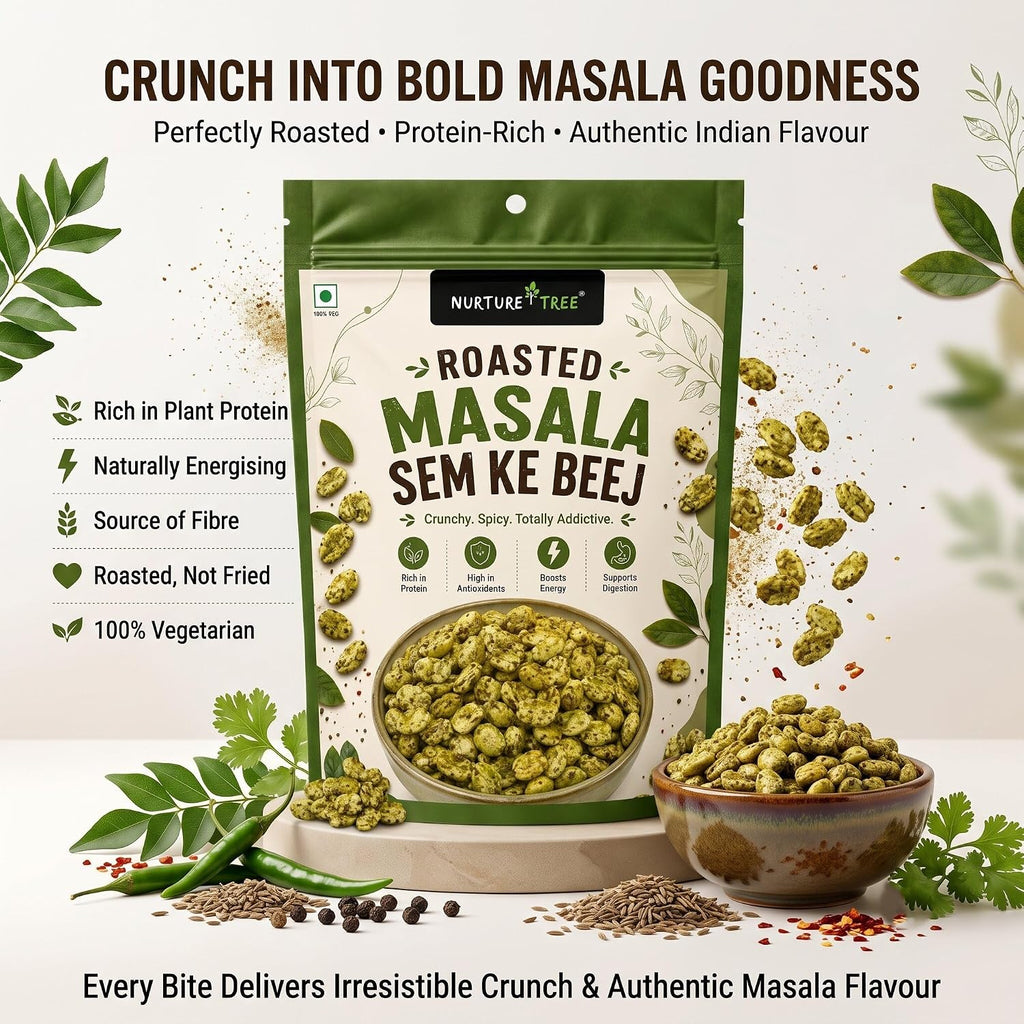 Nurture Tree Roasted Masala Sem Ke Beej 100g | Delicious Spicy Roasted Broad Beans | Crunchy Indian Namkeen | Ready to Eat | High Protein & Fiber | Perfect Snack for Home, Office & Travel