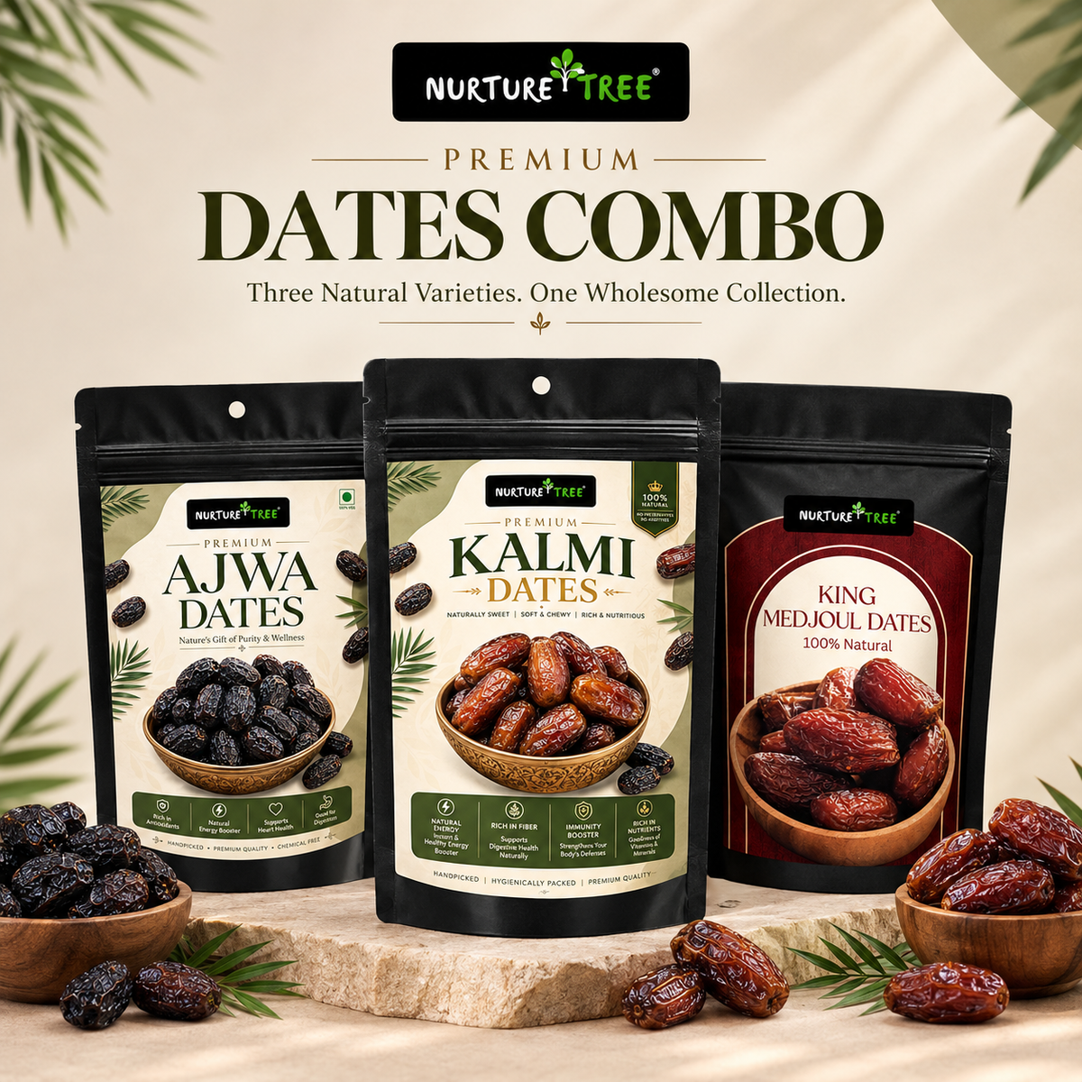 Nurture Tree Premium Dates Combo 3 Pack | Ajwa, Kalmi & King Medjoul Dates